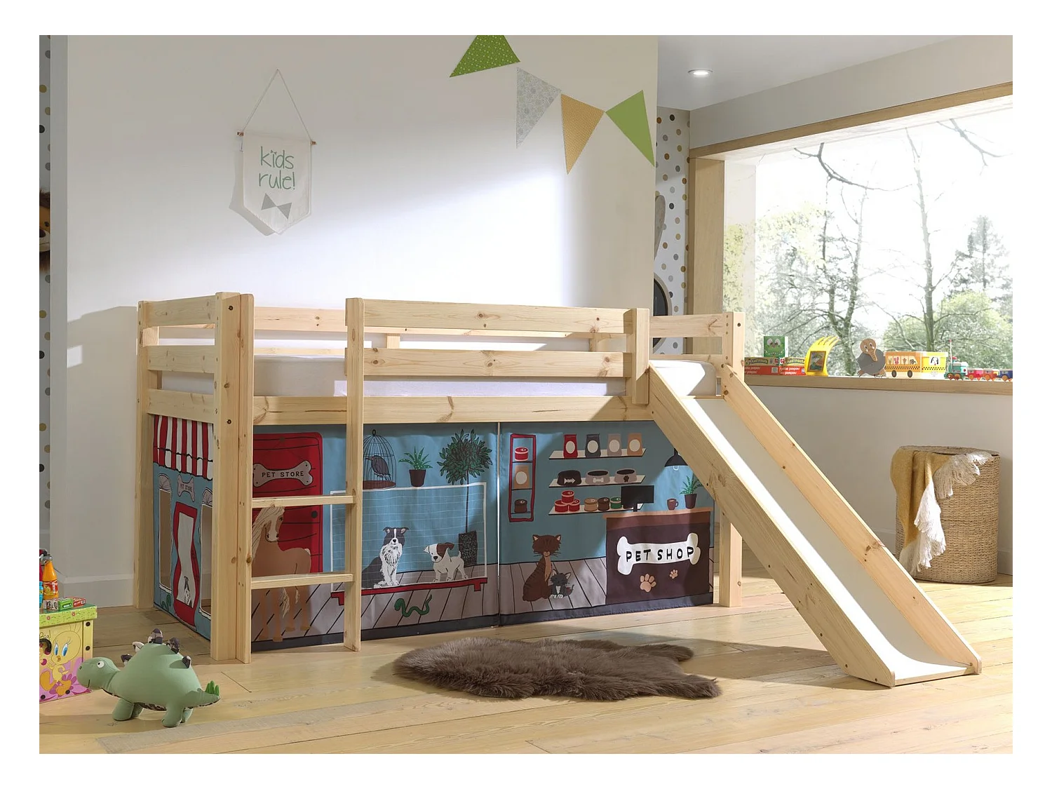 Glijbed 90x200 cm met lichte massief grenen dierentent Pino