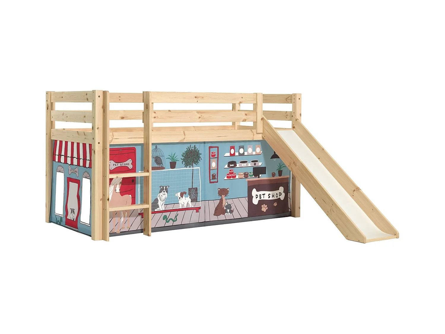 Lit Enfant Surélevé Avec Toboggan "Pino Pet Shop" 90x200cm Naturel