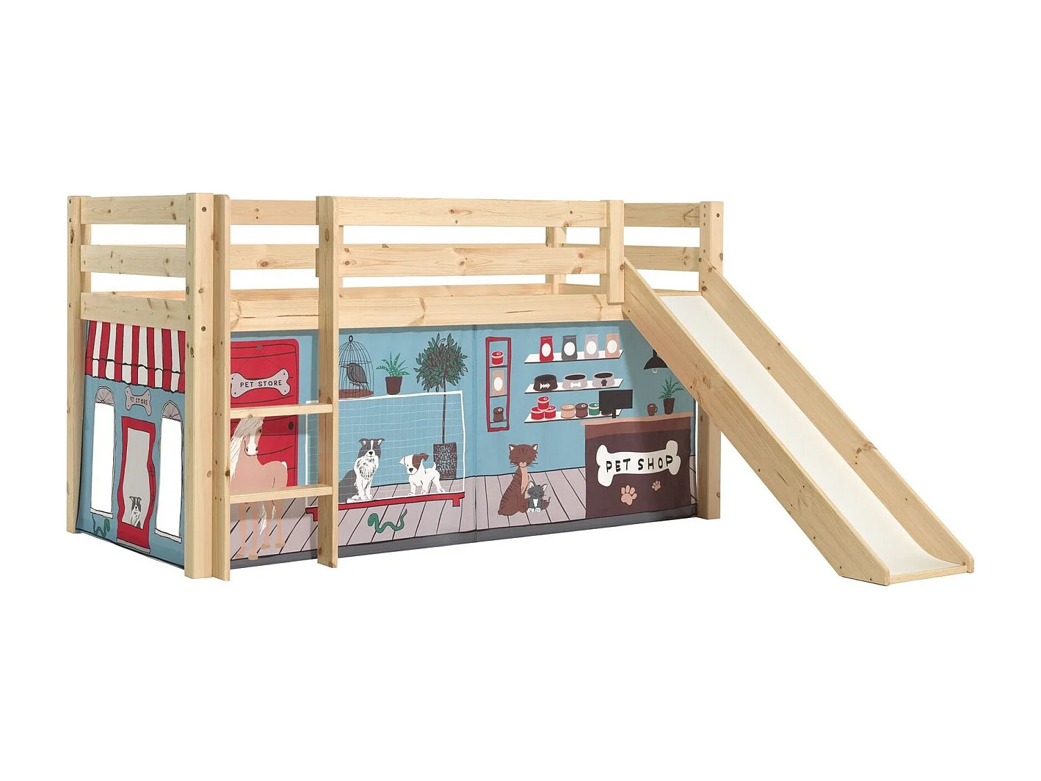 Lit Enfant Surélevé Avec Toboggan "Pino Pet Shop" 90x200cm Naturel