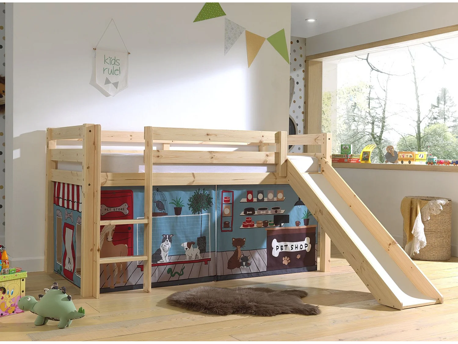 Lit Enfant Surélevé Avec Toboggan "Pino Pet Shop" 90x200cm Naturel