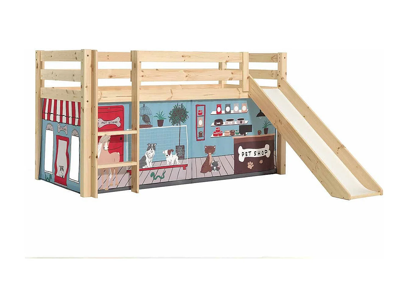 Lit Enfant Surélevé Avec Toboggan "Pino Pet Shop" 90x200cm Naturel