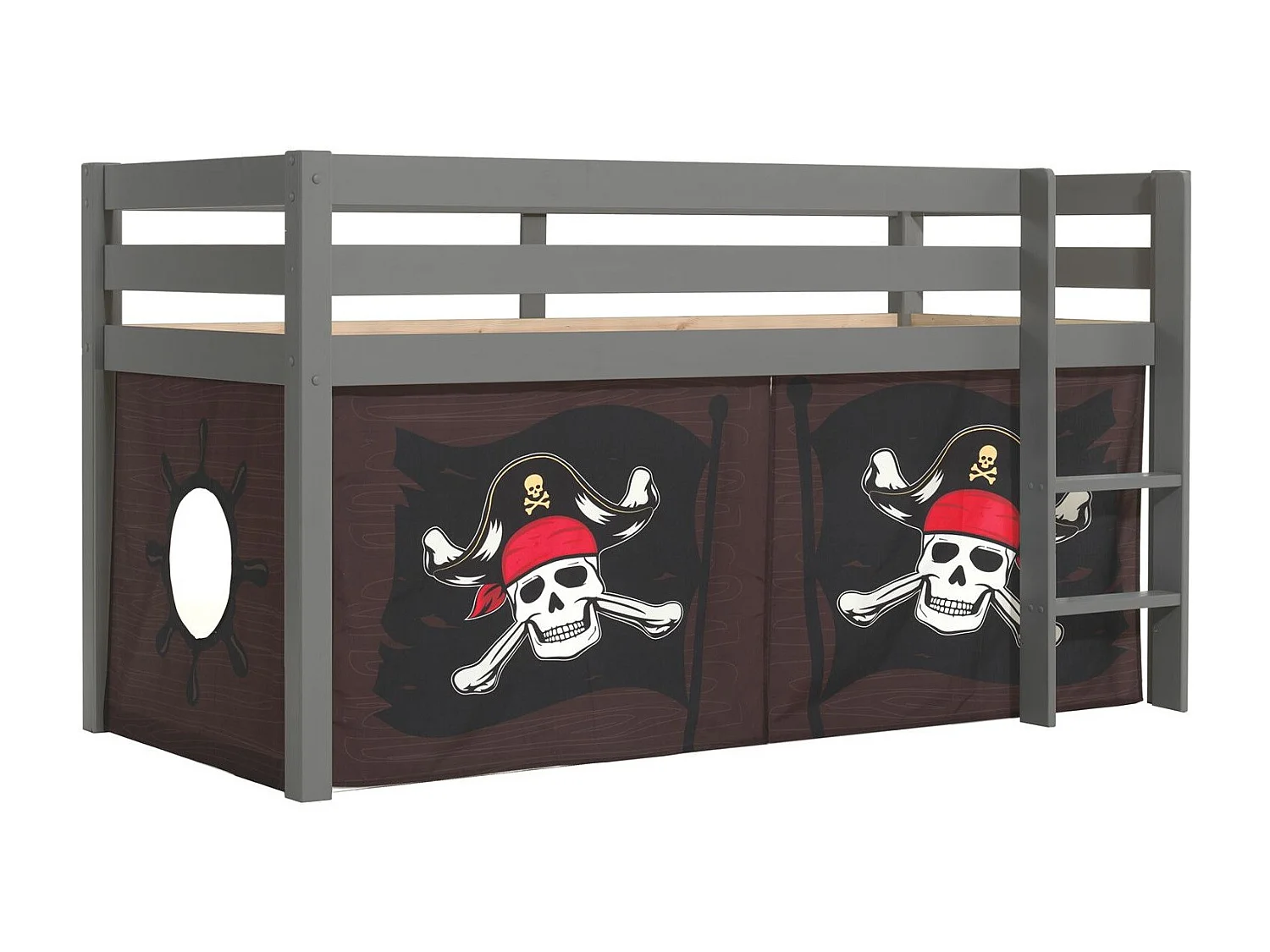 Cama alta 90x200 cm con tienda pirata marrón Pino macizo gris Pino