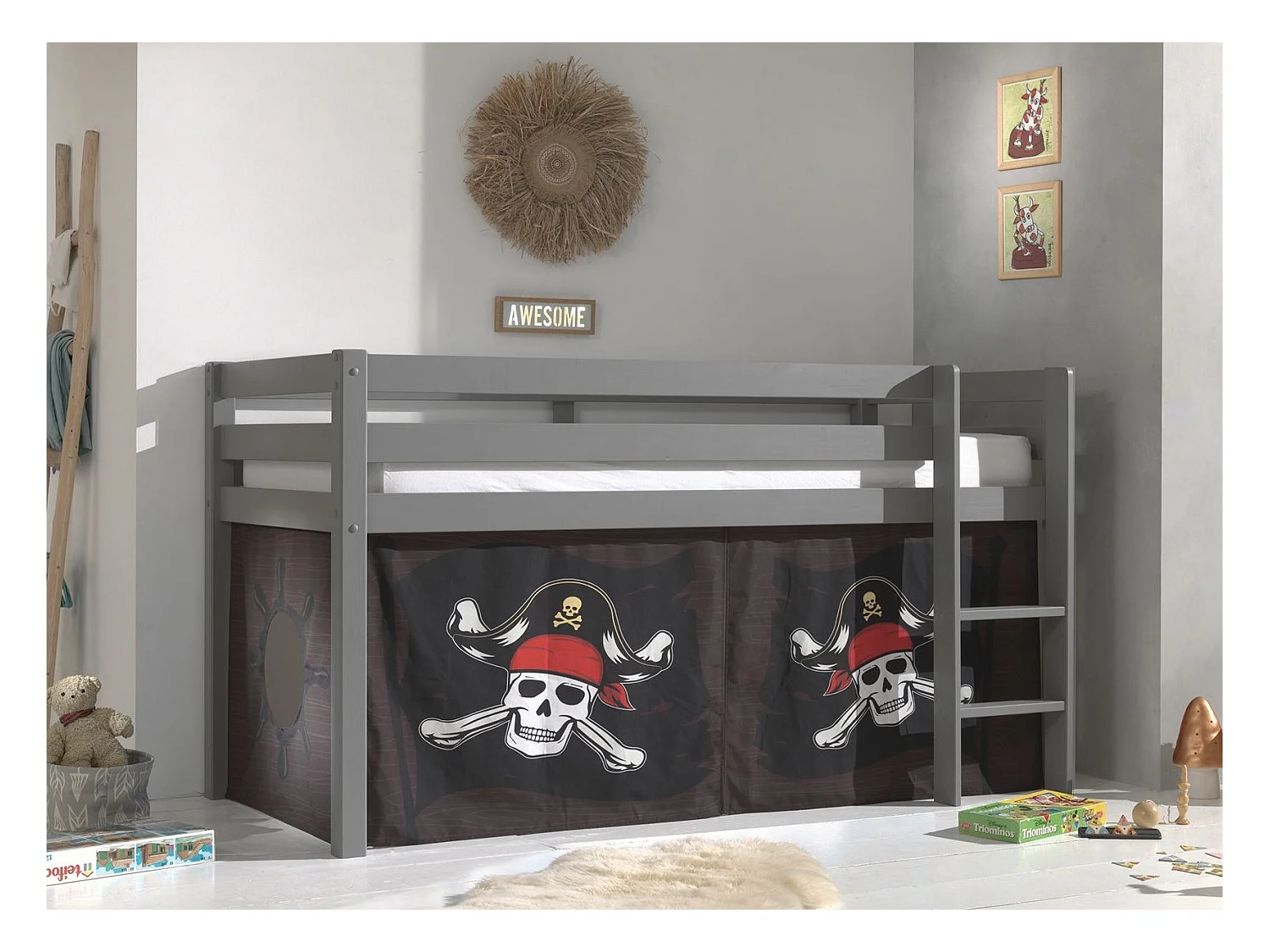 Cama alta 90x200 cm con tienda pirata marrón Pino macizo gris Pino