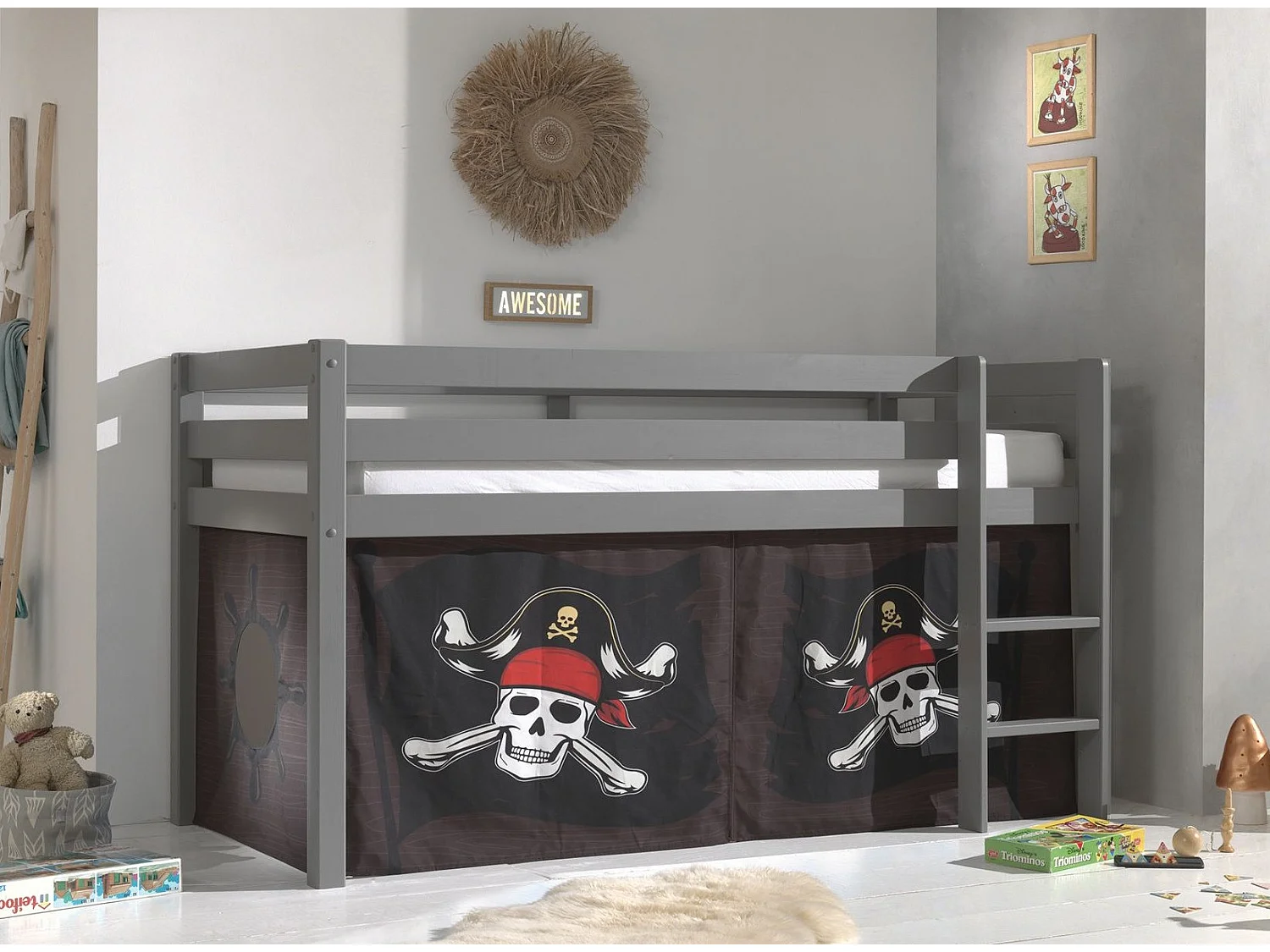 Hoogslaper 90x200 cm met bruine piratentent massief grenen grijs Pino