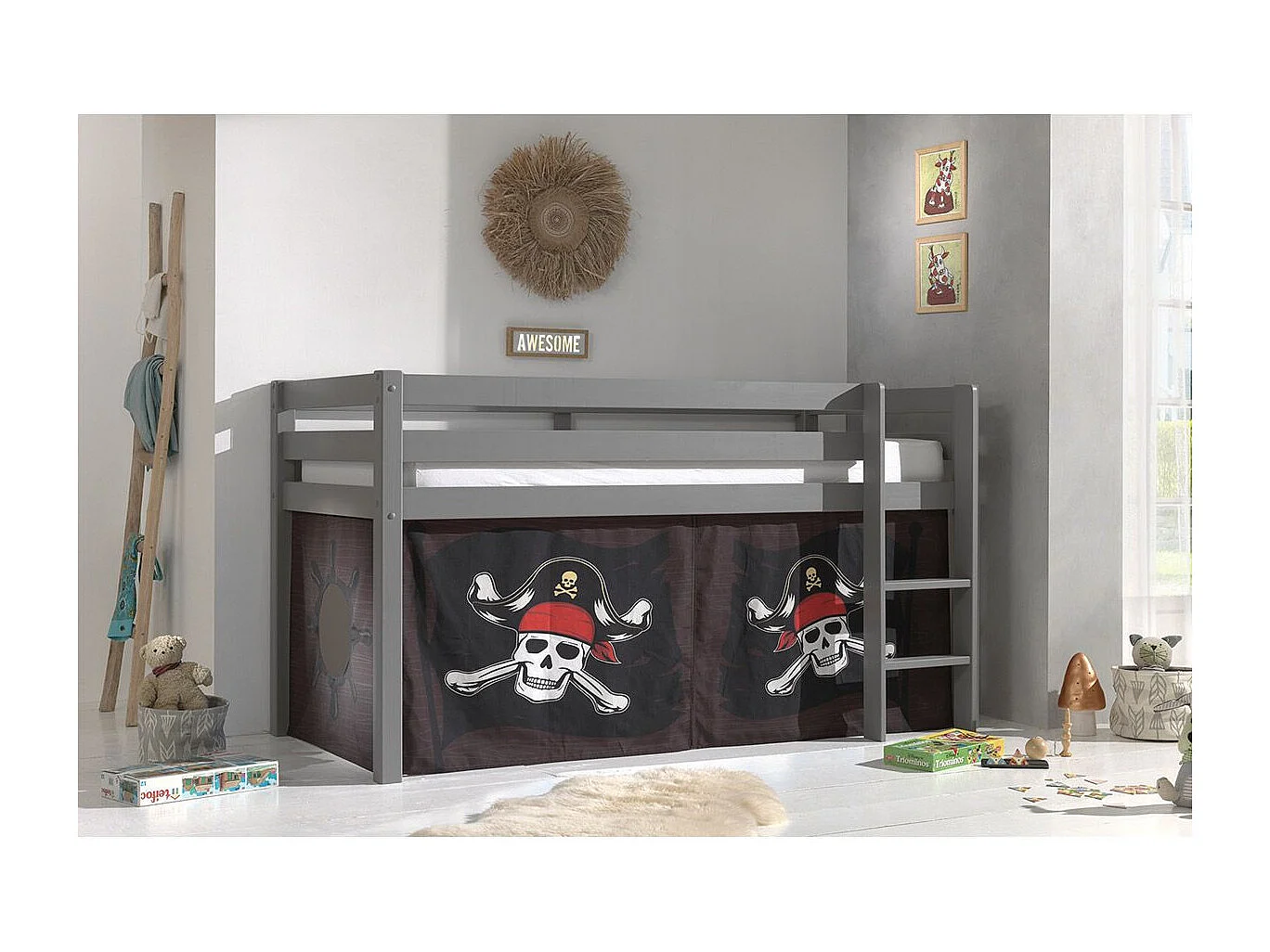 Hoogslaper 90x200 cm met bruine piratentent massief grenen grijs Pino