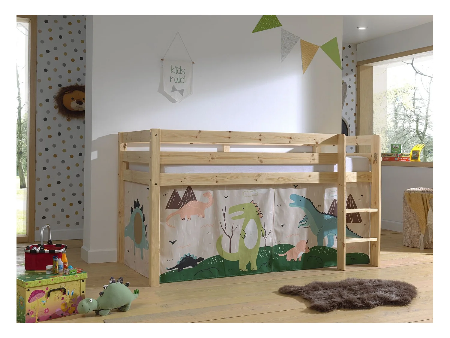 Letto a mezza altezza 90x200 con rete e rivestimento Dino Vipack Pino Wood