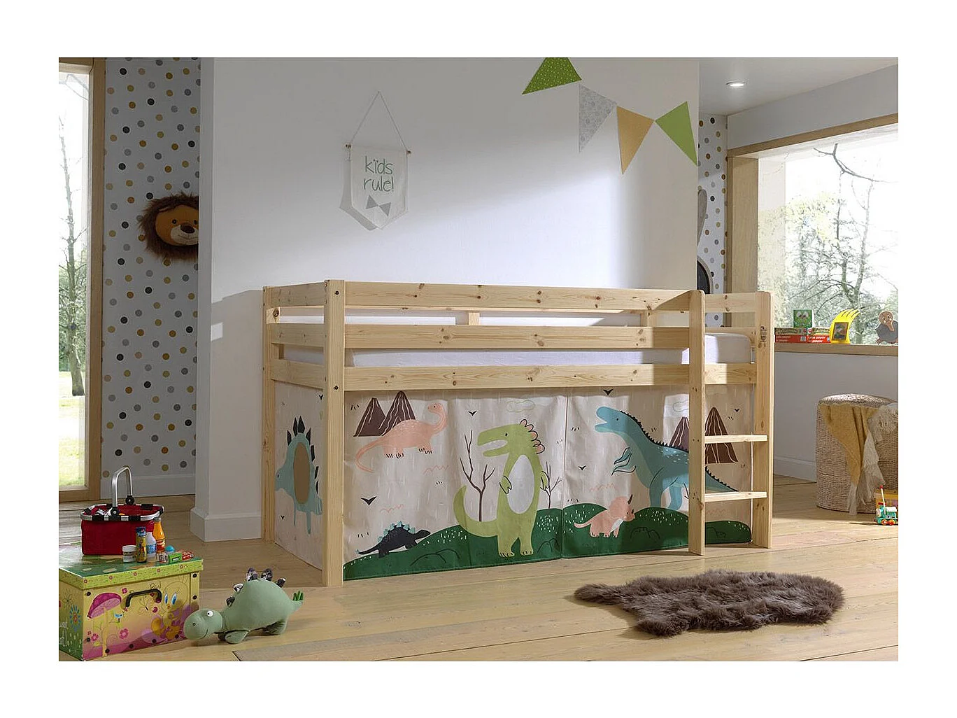 Lit Enfant Surélevé "Pino Dino" 90x200cm Naturel