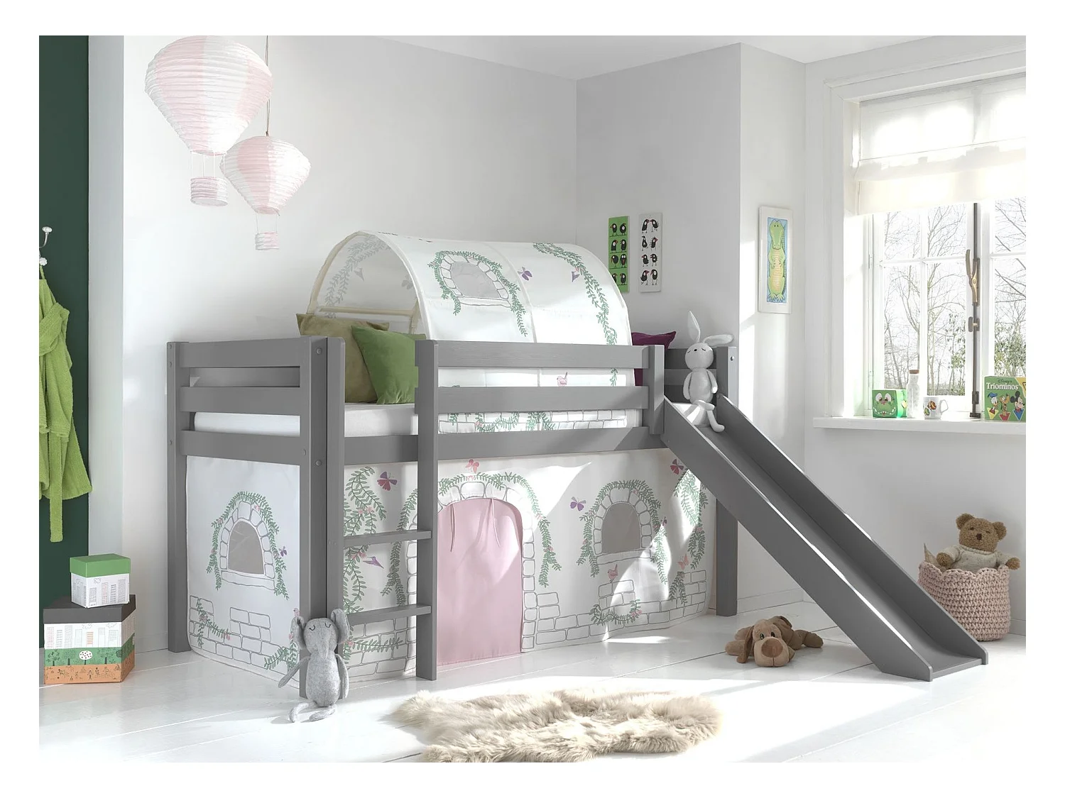 Cama Slide 90x200 cm con tienda y túnel contra pino macizo gris Pino