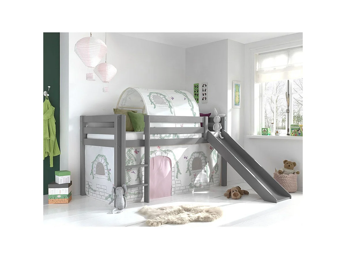 Cama de meia altura 90x200 com escorrega e cobertura Birdy Vipack Pino Cinzento