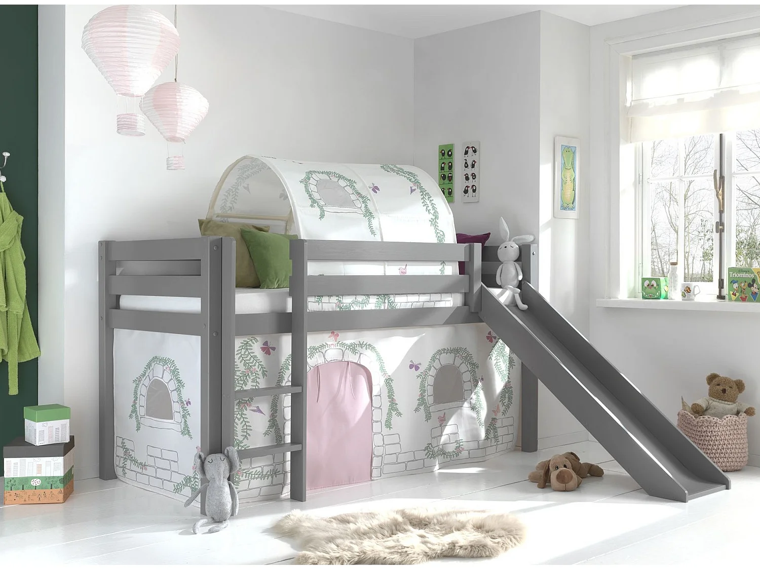 Cama de meia altura 90x200 com escorrega e cobertura Birdy Vipack Pino Cinzento