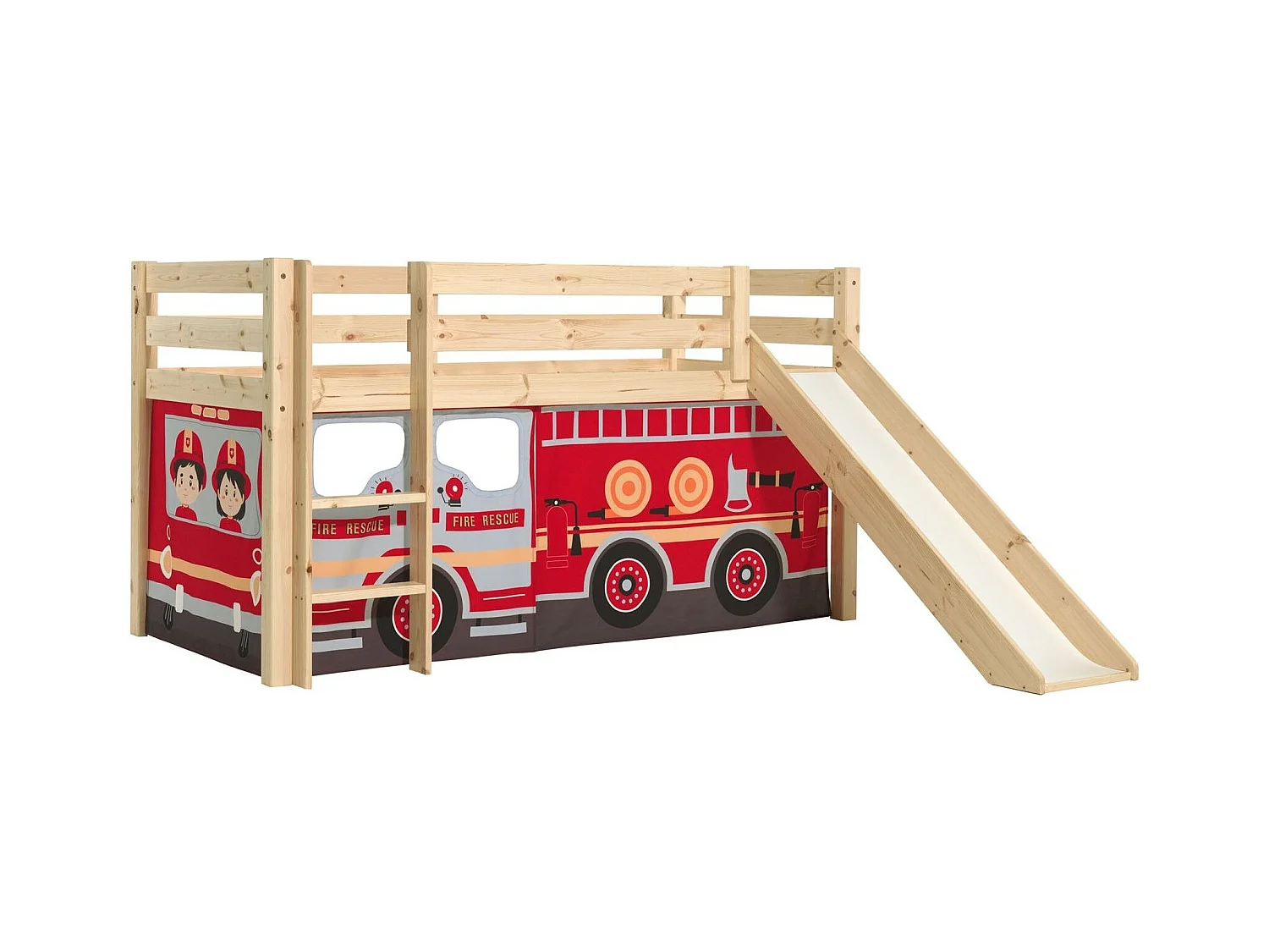 Lit Enfant Surélevé Avec Toboggan "Pino Fire Truck" 90x200cm Naturel