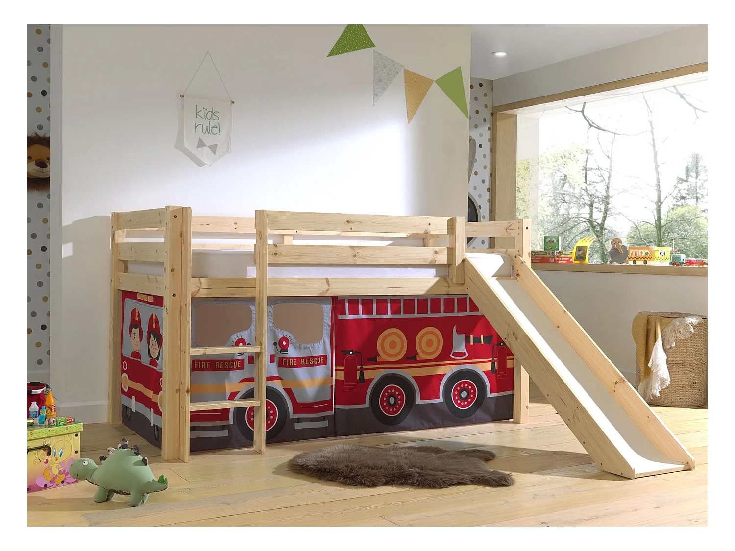 Lit Enfant Surélevé Avec Toboggan "Pino Fire Truck" 90x200cm Naturel