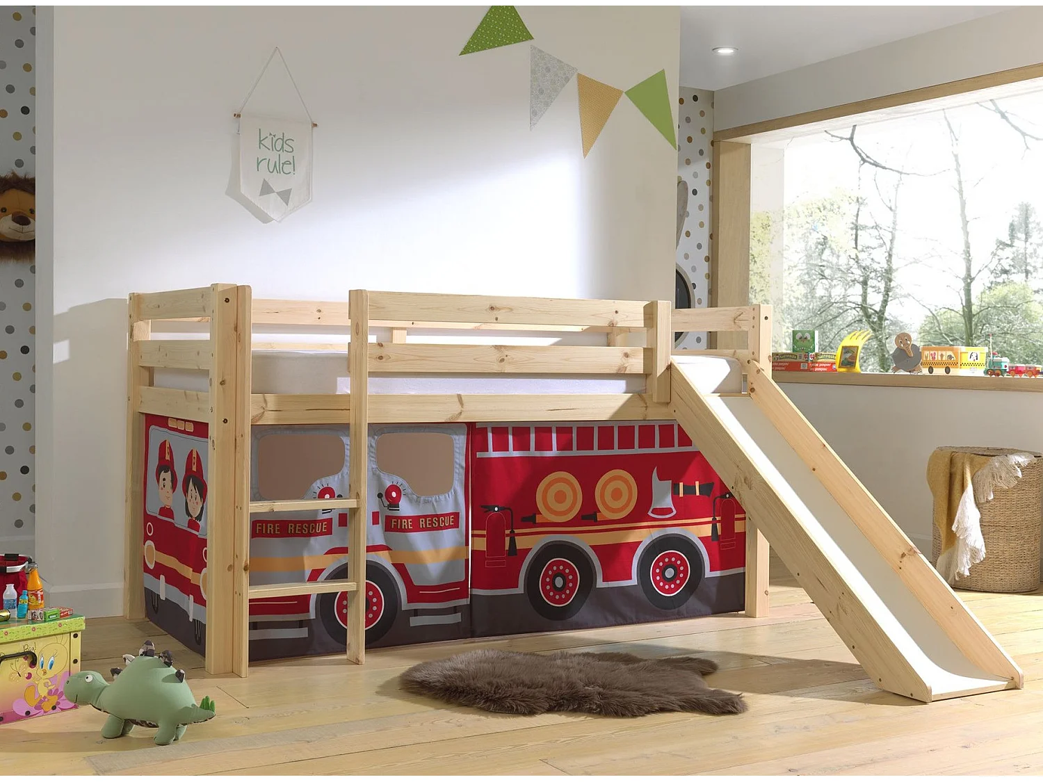 Lit Enfant Surélevé Avec Toboggan "Pino Fire Truck" 90x200cm Naturel