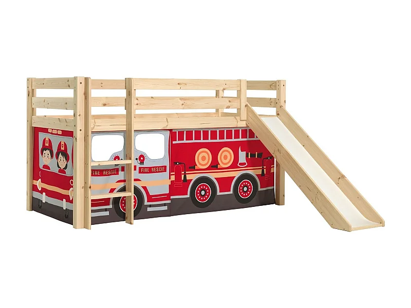 Lit Enfant Surélevé Avec Toboggan "Pino Fire Truck" 90x200cm Naturel