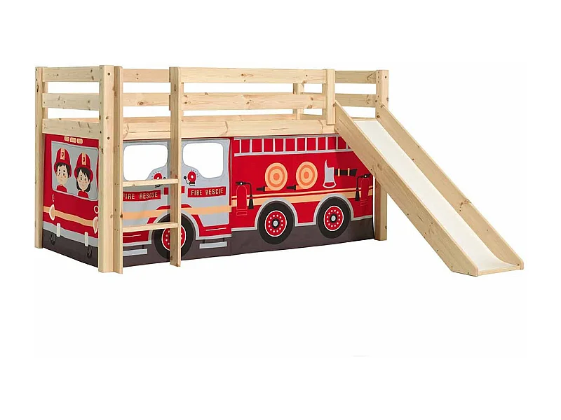 Lit Enfant Surélevé Avec Toboggan "Pino Fire Truck" 90x200cm Naturel
