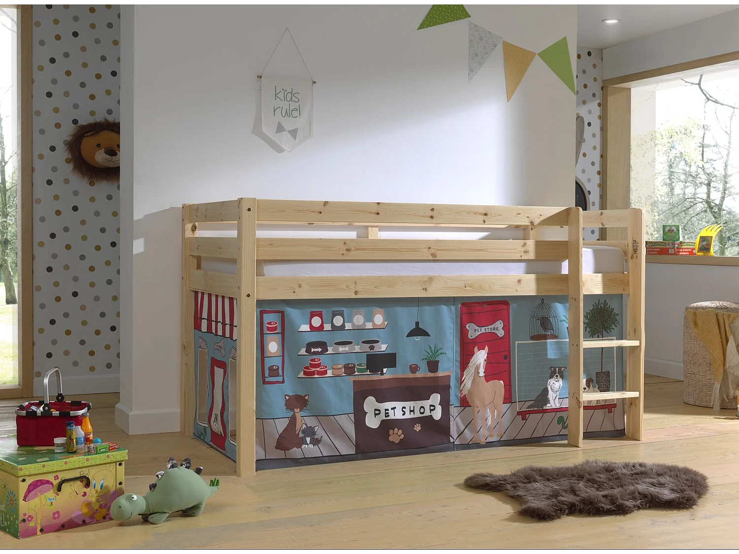 Lit Enfant Surélevé "Pino Pet Shop" 90x200cm Naturel