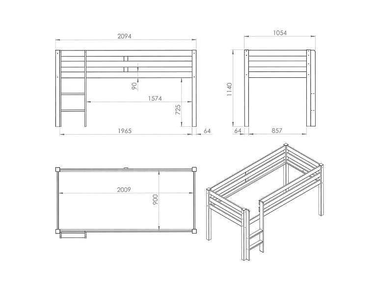Tussenbed van 90x200 cm met licht massief grenen dierentent Pino