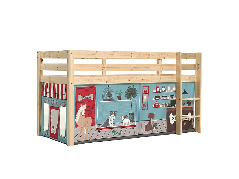 Tussenbed van 90x200 cm met licht massief grenen dierentent Pino