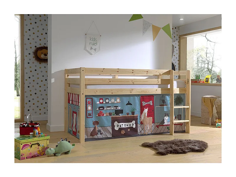 Lit Enfant Surélevé "Pino Pet Shop" 90x200cm Naturel