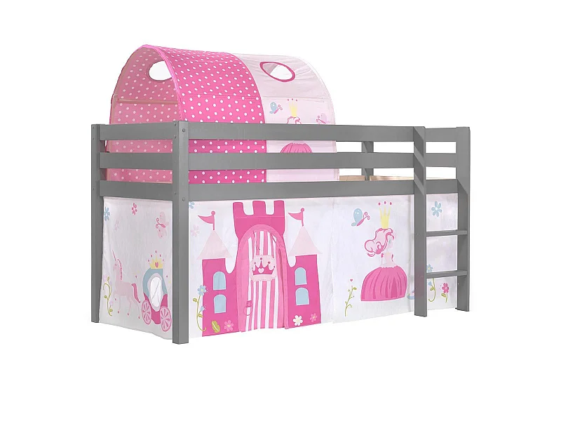 Hoogslaper 90x200 cm met tent en prinsessentunnel massief grenengrijs Pino