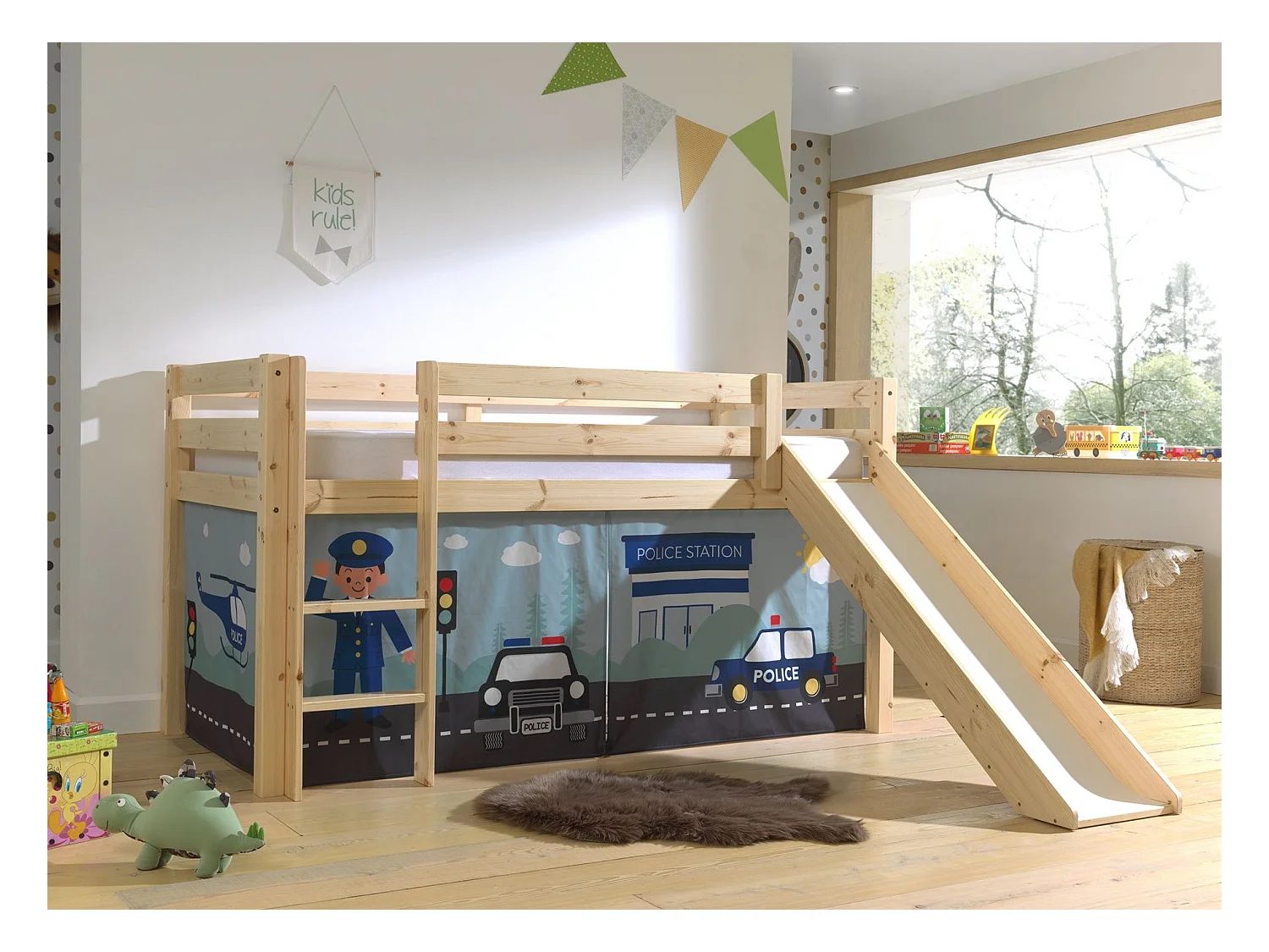 Cama deslizante 90x200 cm con tienda de policía de pino macizo claro Pino