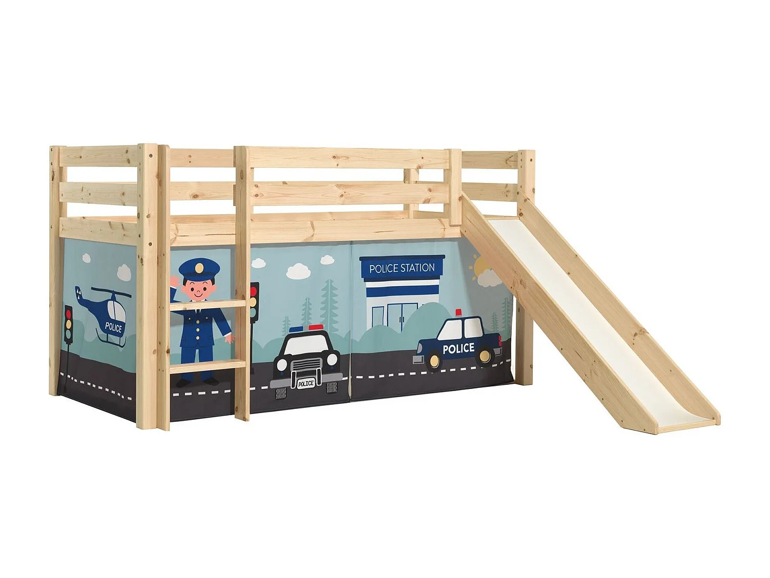 Lit Enfant Surélevé Avec Toboggan "Pino Police" 90x200cm Naturel