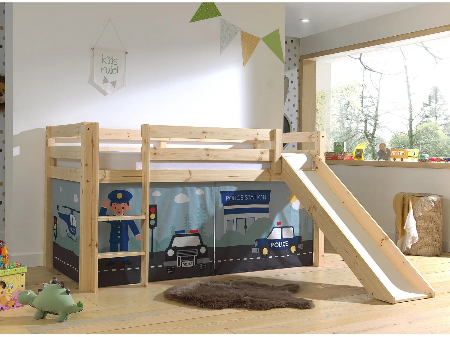 Lit Enfant Surélevé Avec Toboggan "Pino Police" 90x200cm Naturel