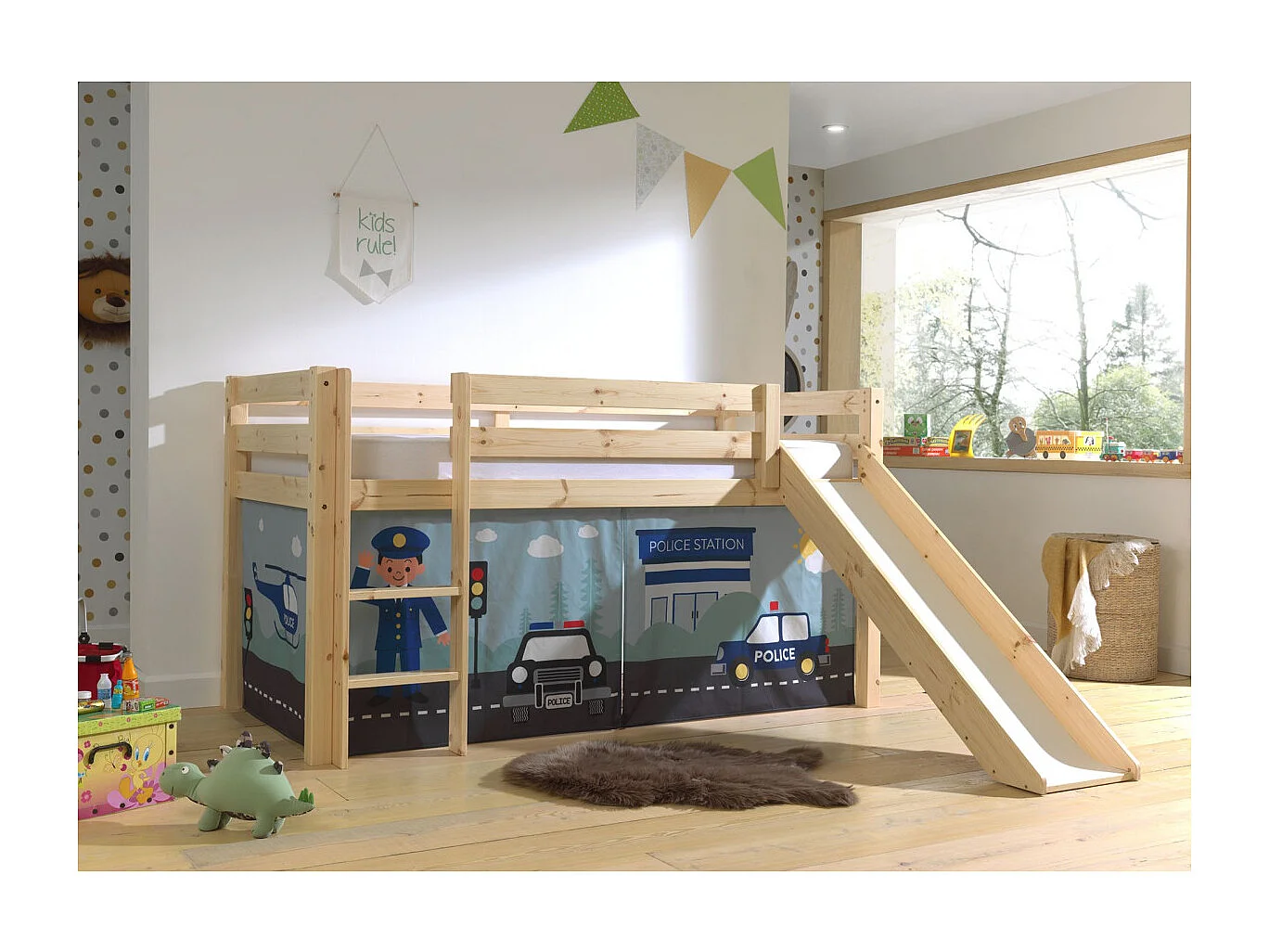 Lit Enfant Surélevé Avec Toboggan "Pino Police" 90x200cm Naturel