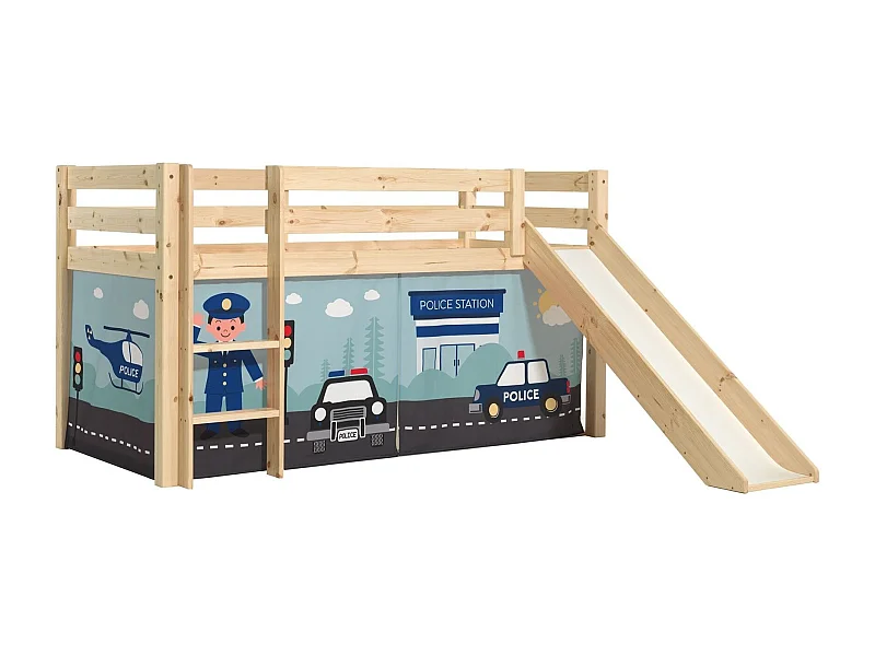 Lit Enfant Surélevé Avec Toboggan "Pino Police" 90x200cm Naturel