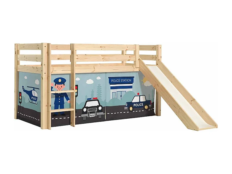 Lit Enfant Surélevé Avec Toboggan "Pino Police" 90x200cm Naturel