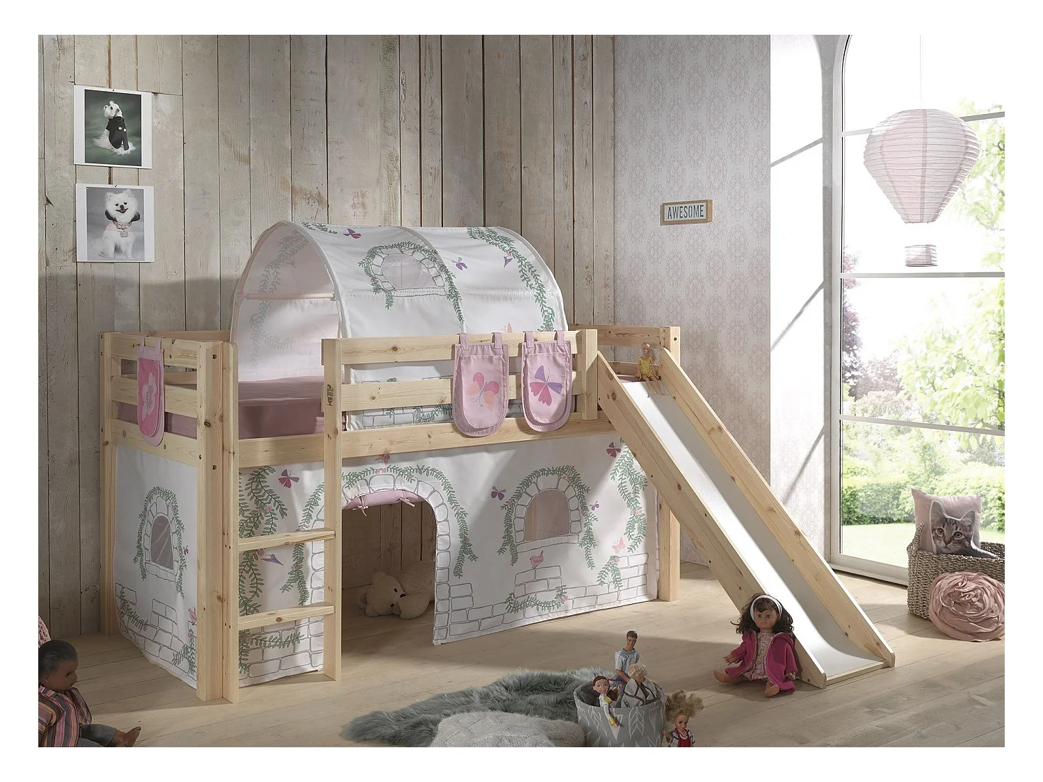 Pack - Lit Enfant Toboggan, Tente, Tunnel & 3 Pochettes "Pino Birdy" Naturel