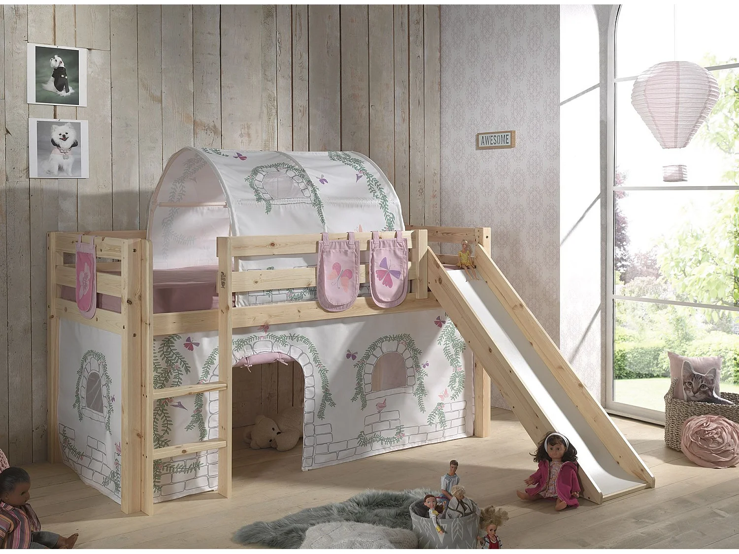 Pack - Lit Enfant Toboggan, Tente, Tunnel & 3 Pochettes "Pino Birdy" Naturel