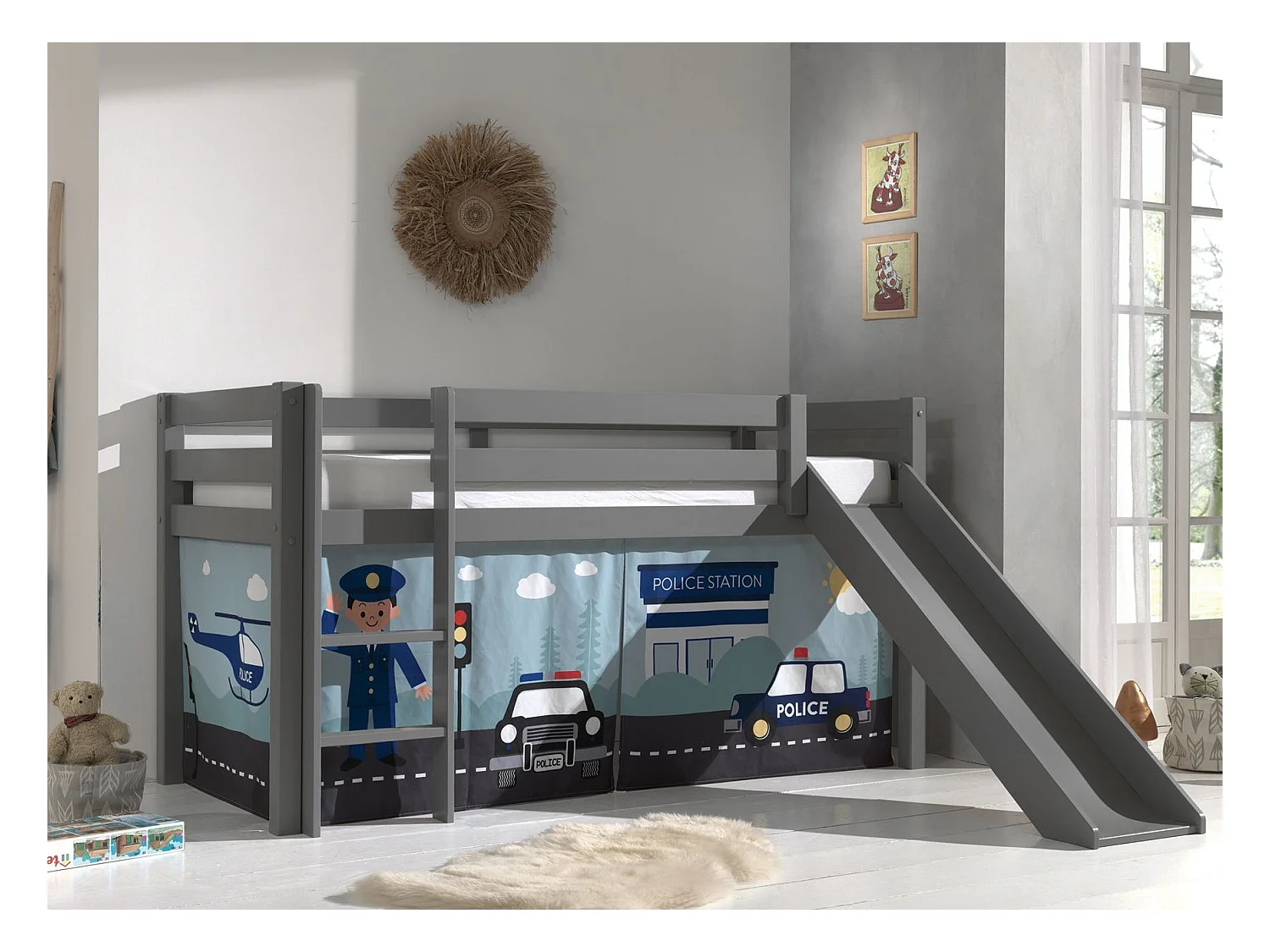 Cama slide 90x200 cm con tienda de policía de pino macizo gris Pino