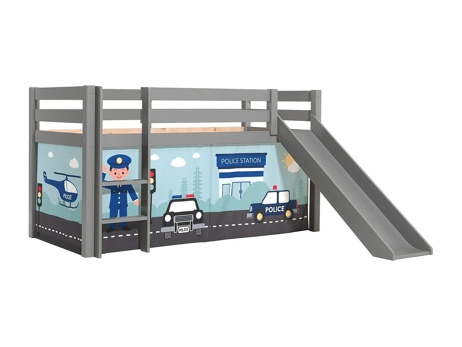 Lit Enfant Surélevé Avec Toboggan "Pino Police" 90x200cm Gris