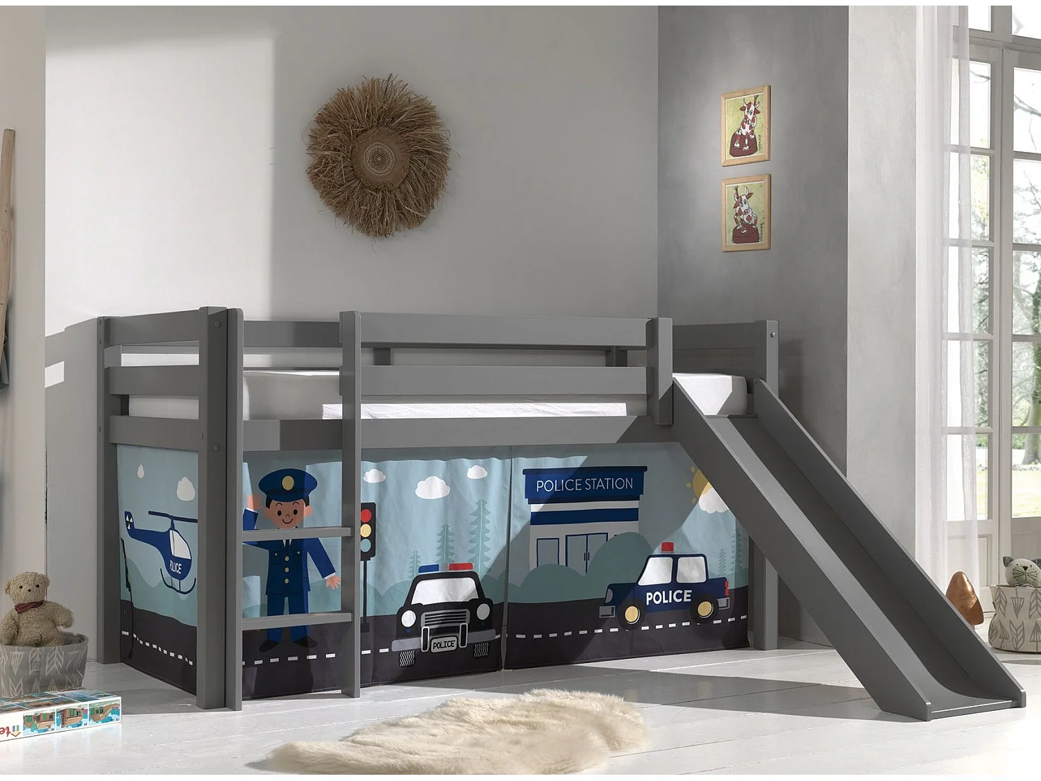 Lit Enfant Surélevé Avec Toboggan "Pino Police" 90x200cm Gris