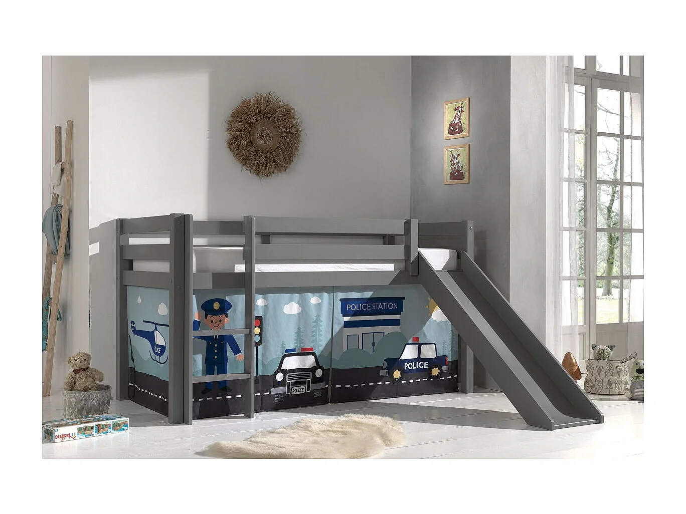 Lit Enfant Surélevé Avec Toboggan "Pino Police" 90x200cm Gris