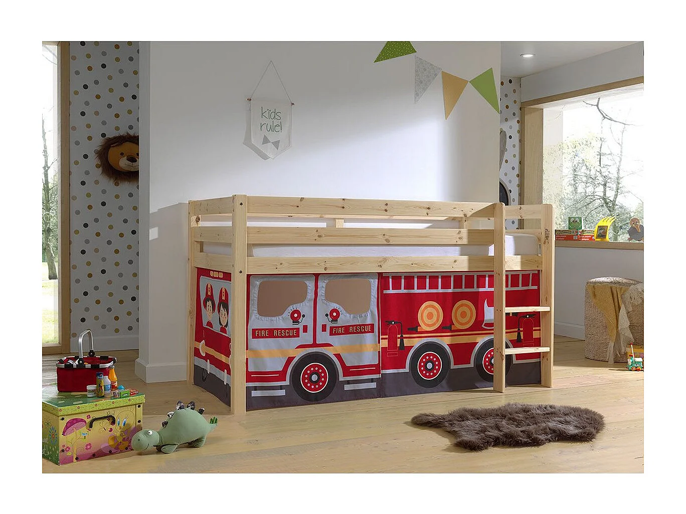 Lit Enfant Surélevé "Pino Fire Truck" 90x200cm Naturel