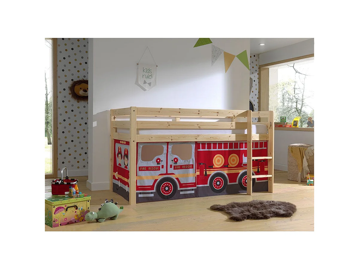 Lit Enfant Surélevé "Pino Fire Truck" 90x200cm Naturel