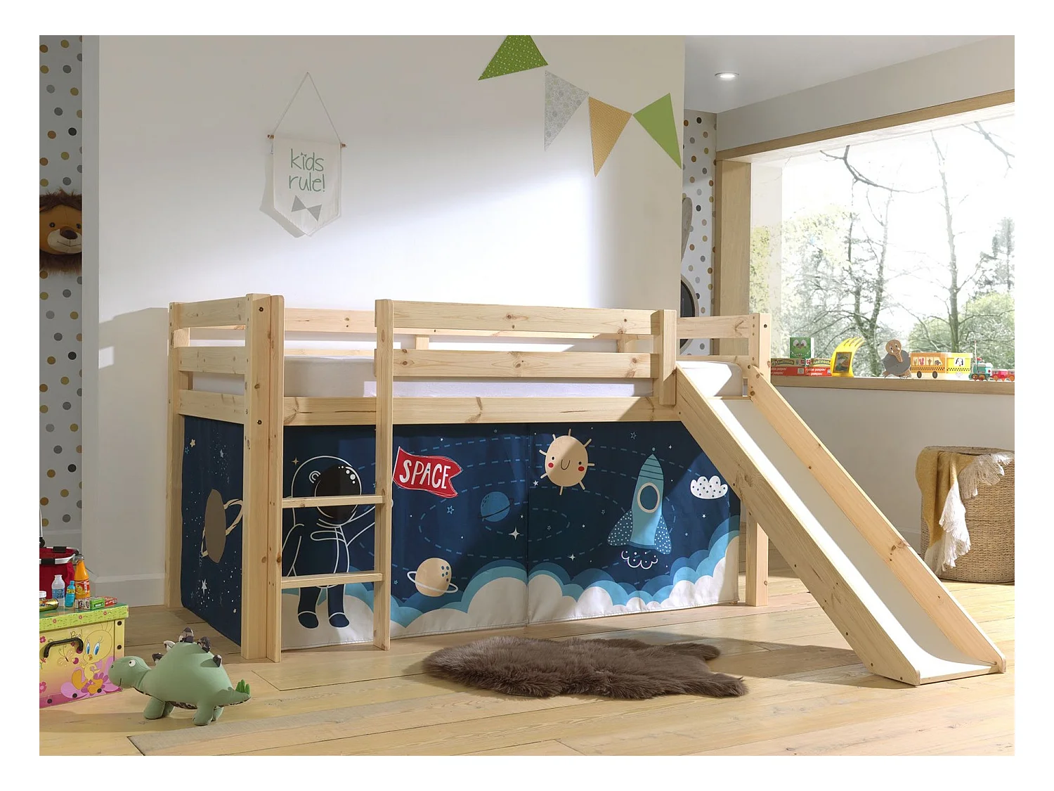 Lit Enfant Surélevé Avec Toboggan "Pino Space Shuttle" 90x200cm Naturel