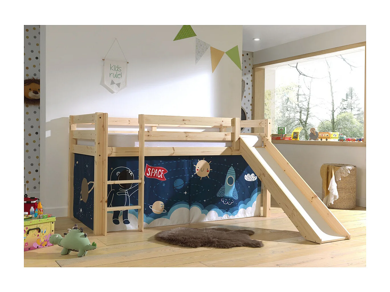 Lit Enfant Surélevé Avec Toboggan "Pino Space Shuttle" 90x200cm Naturel