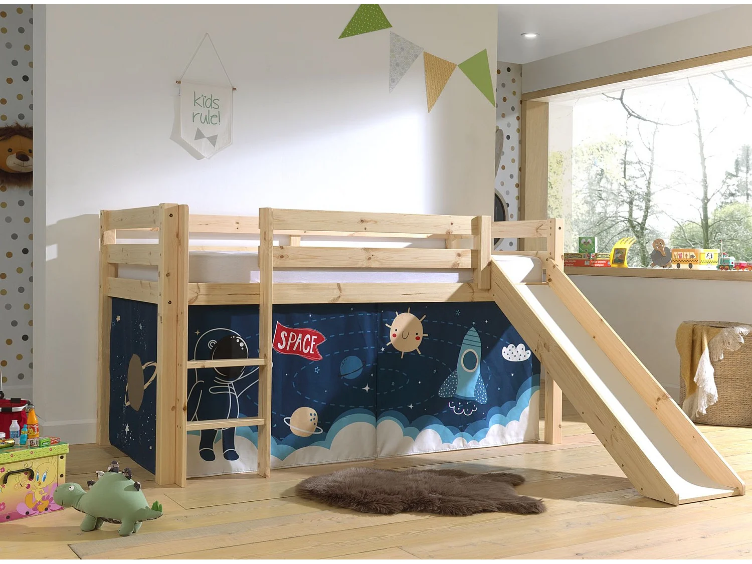 Lit Enfant Surélevé Avec Toboggan "Pino Space Shuttle" 90x200cm Naturel