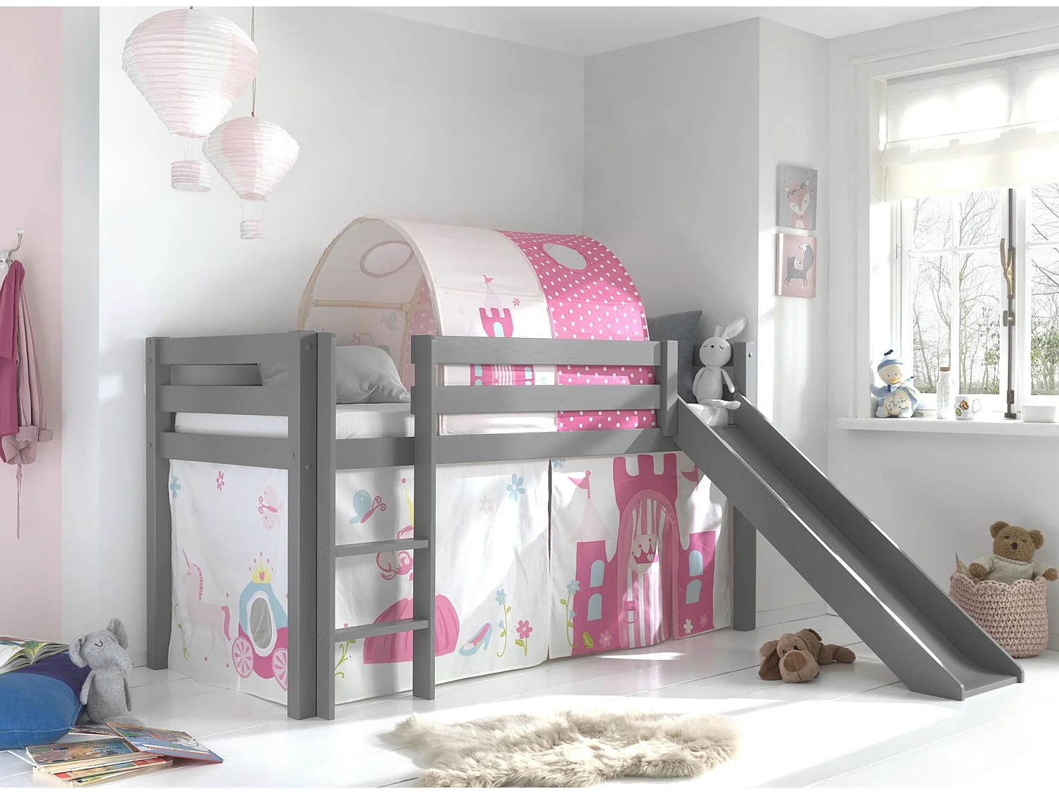 Pack - Lit Enfant, Tente, Tunnel & Toboggan "Pino Princesse" Gris