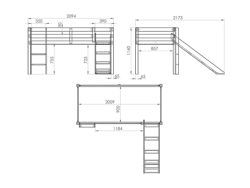 Vipack Pino Grey 90x200 Letto basso con sponda, box e rivestimento Princess