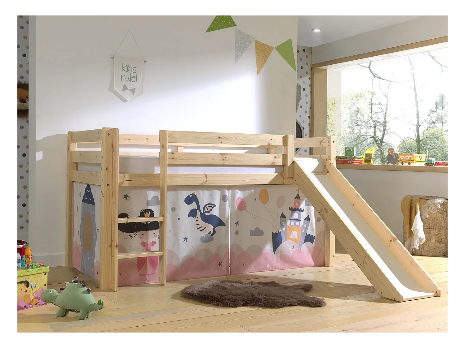 Glijbed 90x200 cm met lichte massief grenen kasteeltent Pino