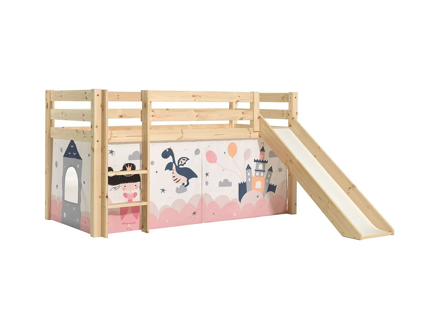 Lit Enfant Surélevé Avec Toboggan "Pino Princesse Sophie" 90x200cm Naturel