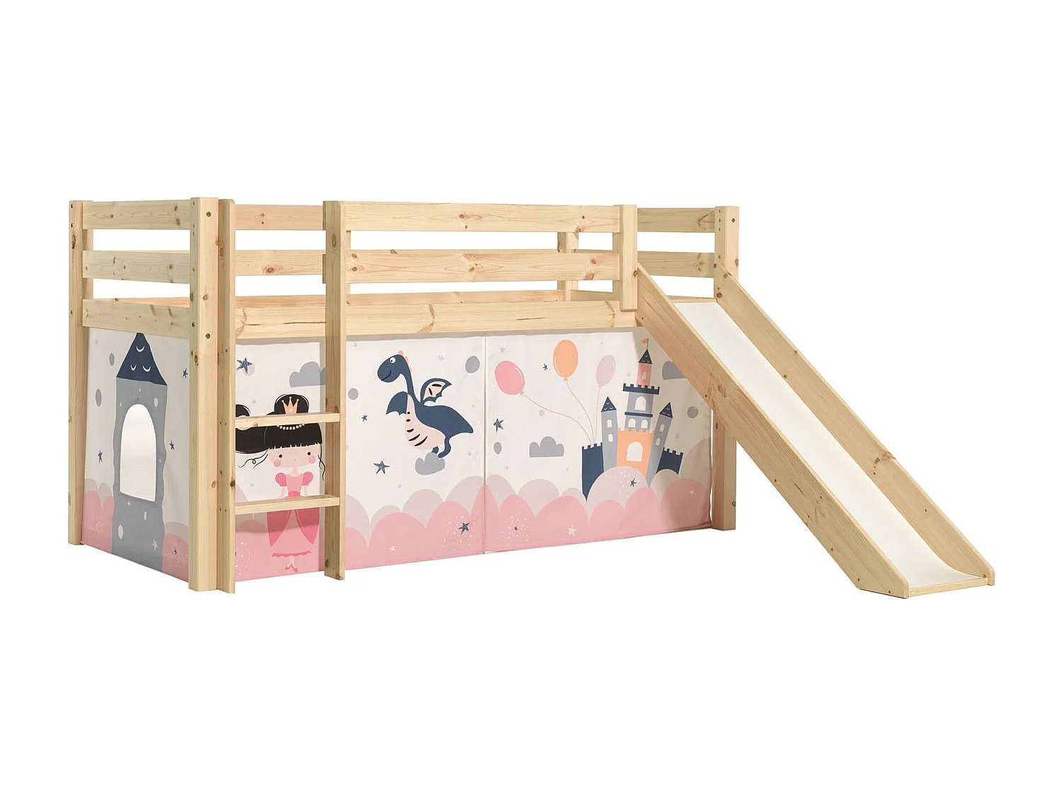 Lit Enfant Surélevé Avec Toboggan "Pino Princesse Sophie" 90x200cm Naturel