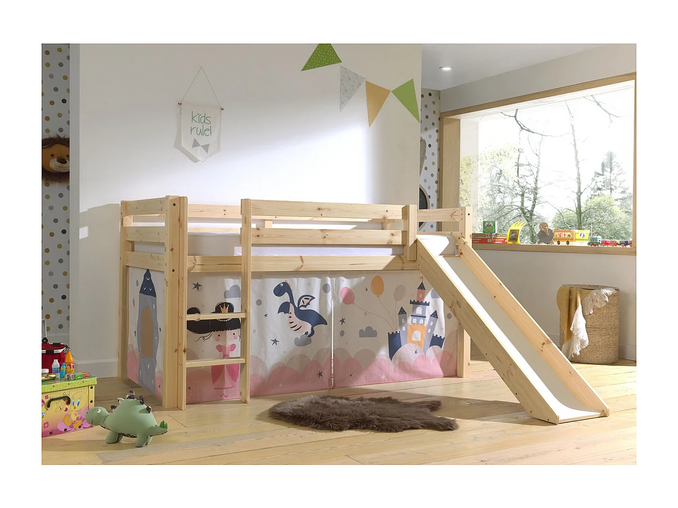 Lit Enfant Surélevé Avec Toboggan "Pino Princesse Sophie" 90x200cm Naturel