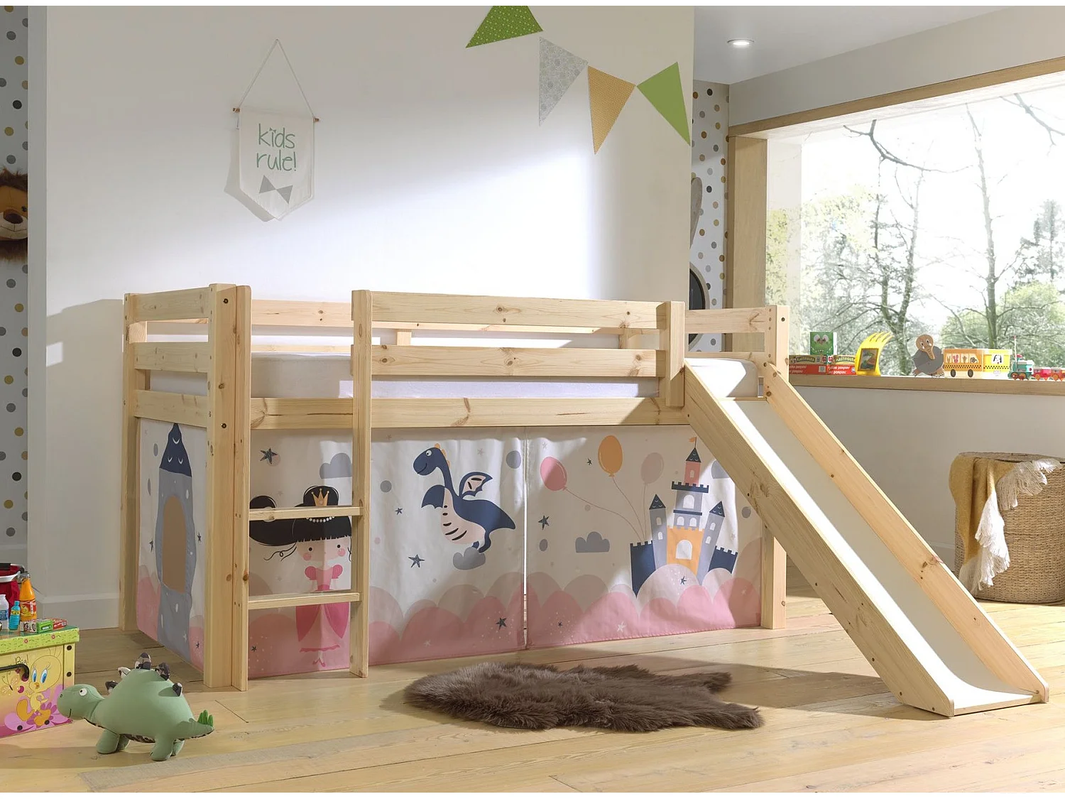 Lit Enfant Surélevé Avec Toboggan "Pino Princesse Sophie" 90x200cm Naturel