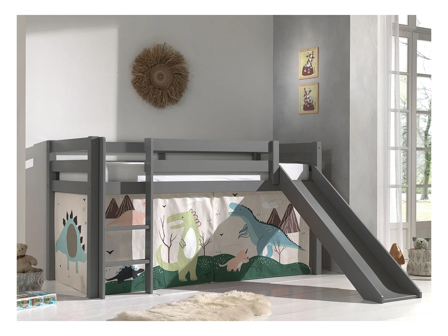 Cama tobogán 90x200 cm con tienda de dinosaurios pino macizo gris Pino
