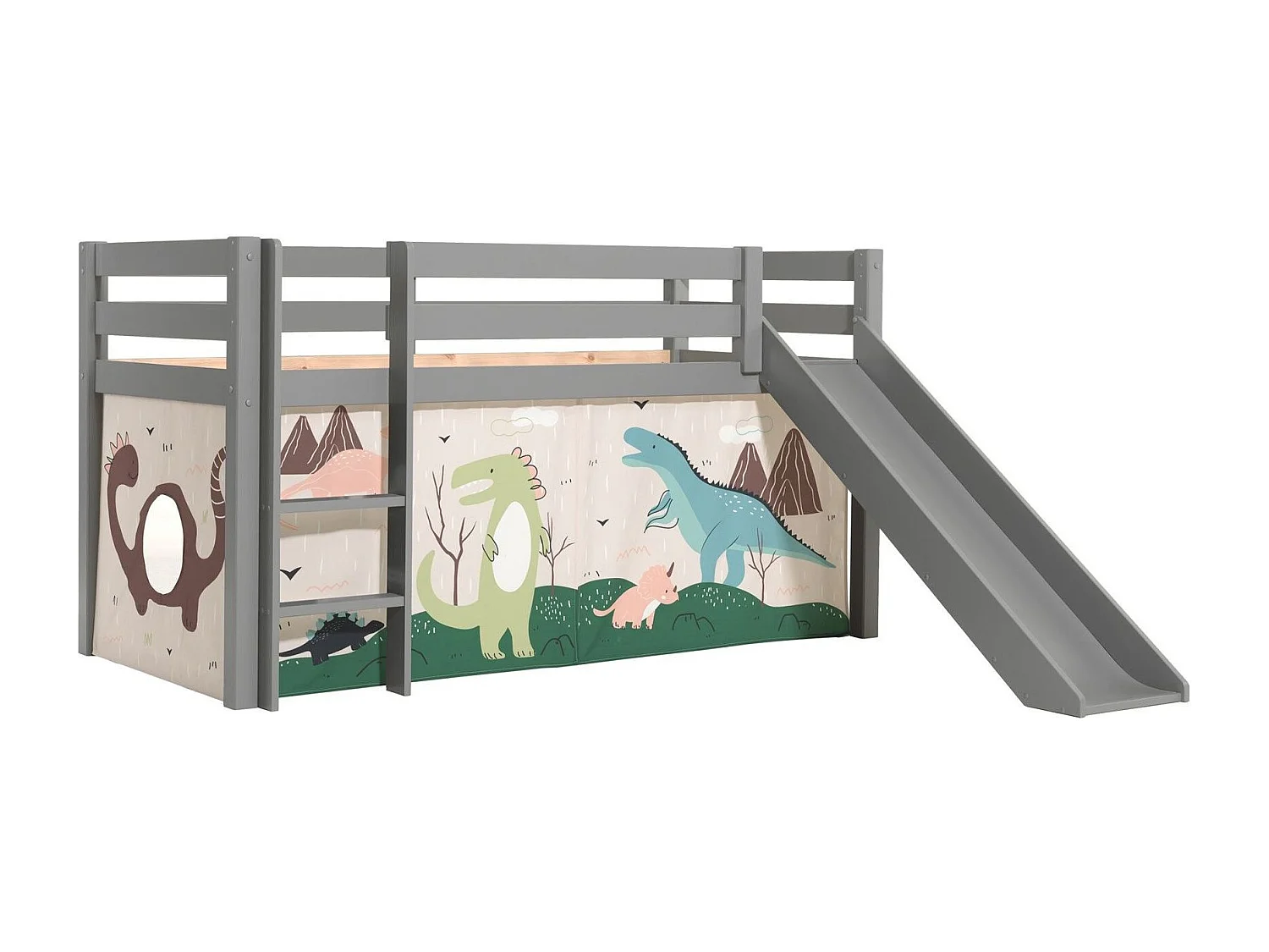 Lit Enfant Surélevé Avec Toboggan "Pino Dino" 90x200cm Gris